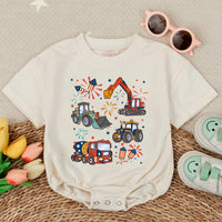 Patriotic Construction Vehicle Baby Romper for 4th of July Fun Comfortable Red White Blue Toddler Boy Outfit Summer Holiday Gift
