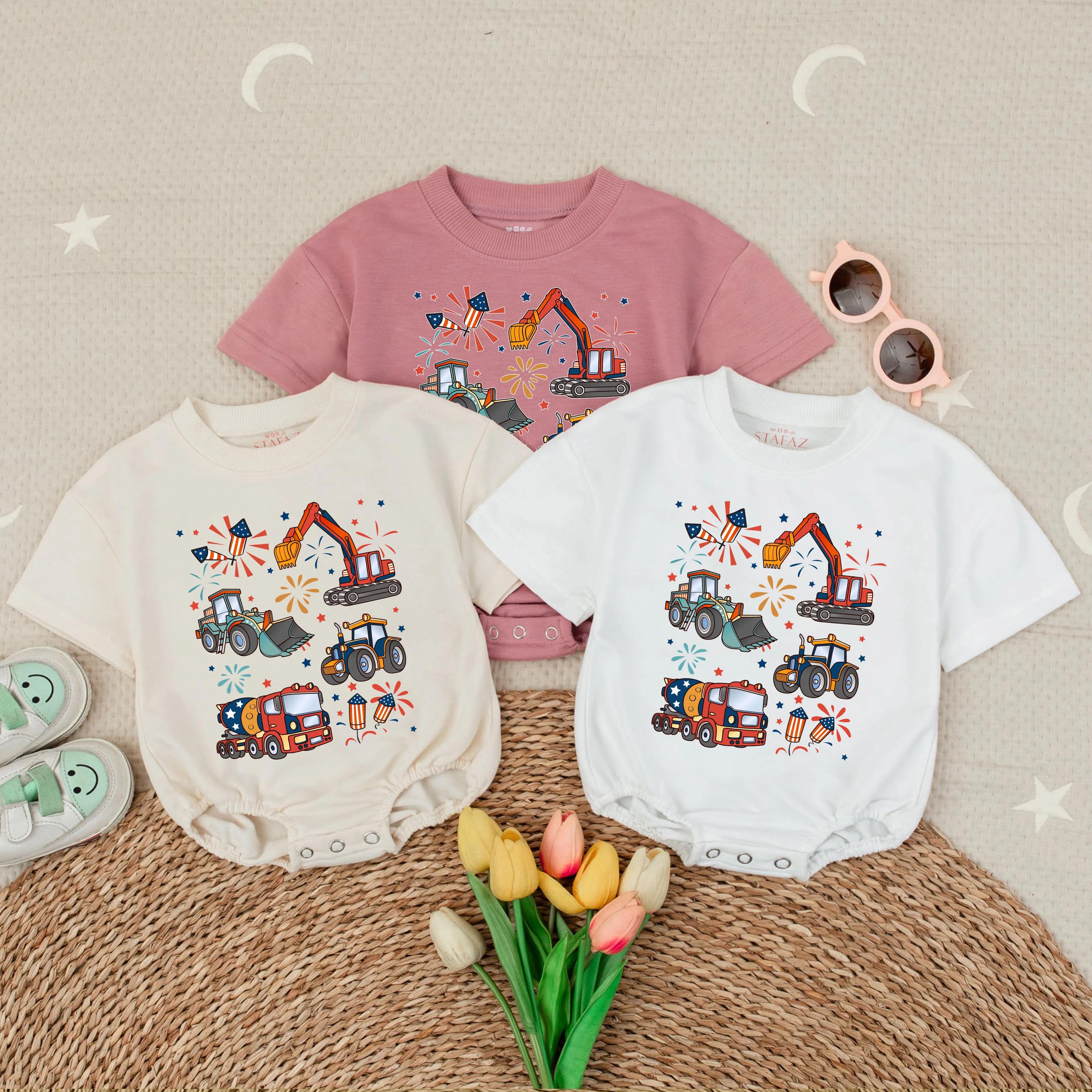 Patriotic Construction Vehicle Baby Romper for 4th of July Fun Comfortable Red White Blue Toddler Boy Outfit Summer Holiday Gift