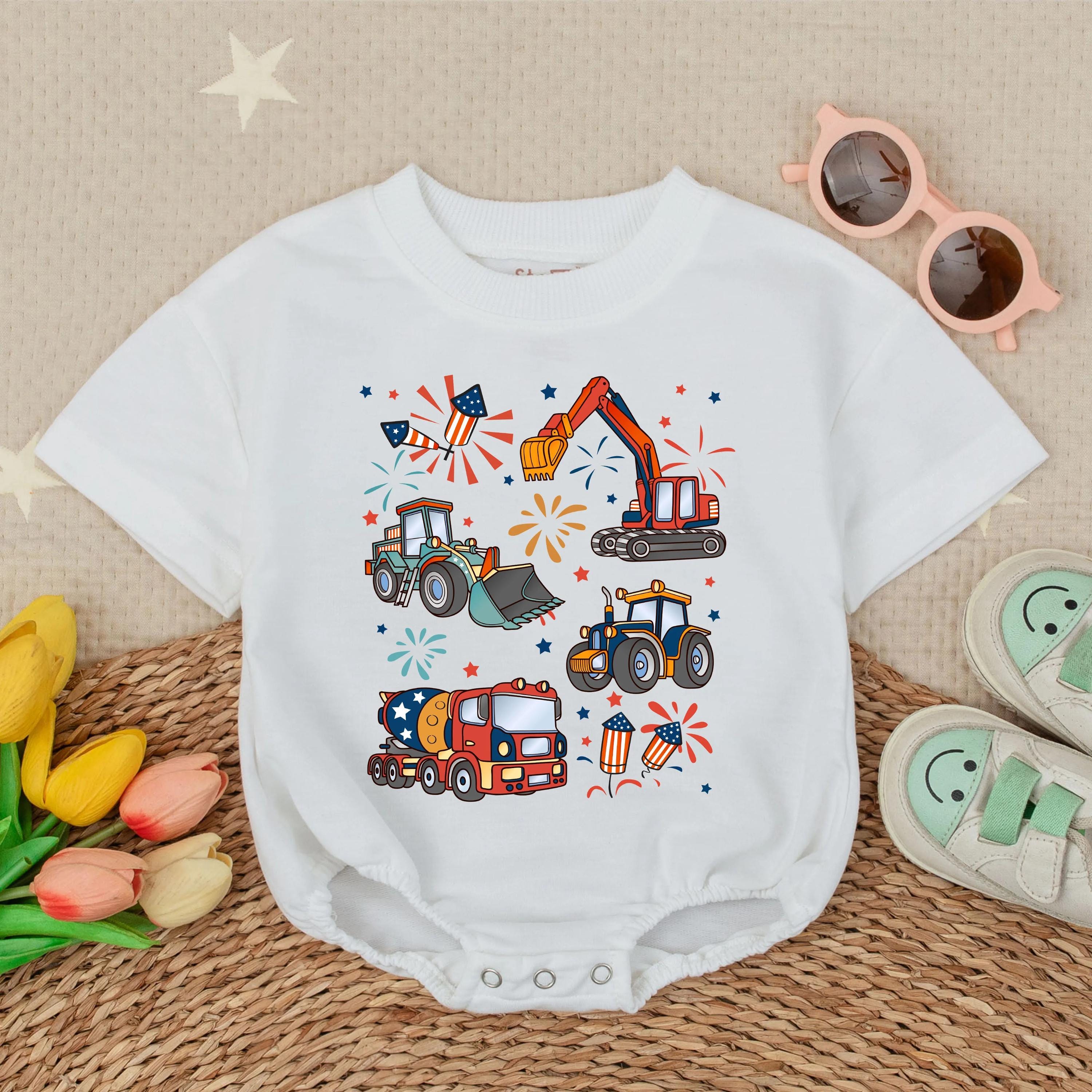 Patriotic Construction Vehicle Baby Romper for 4th of July Fun Comfortable Red White Blue Toddler Boy Outfit Summer Holiday Gift