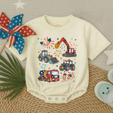 Patriotic Construction Vehicle Baby Romper for 4th of July Fun Comfortable Red White Blue Toddler Boy Outfit Summer Holiday Gift
