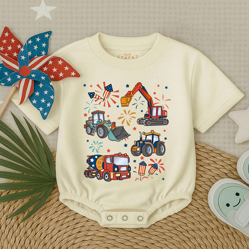 Patriotic Construction Vehicle Baby Romper for 4th of July Fun Comfortable Red White Blue Toddler Boy Outfit Summer Holiday Gift