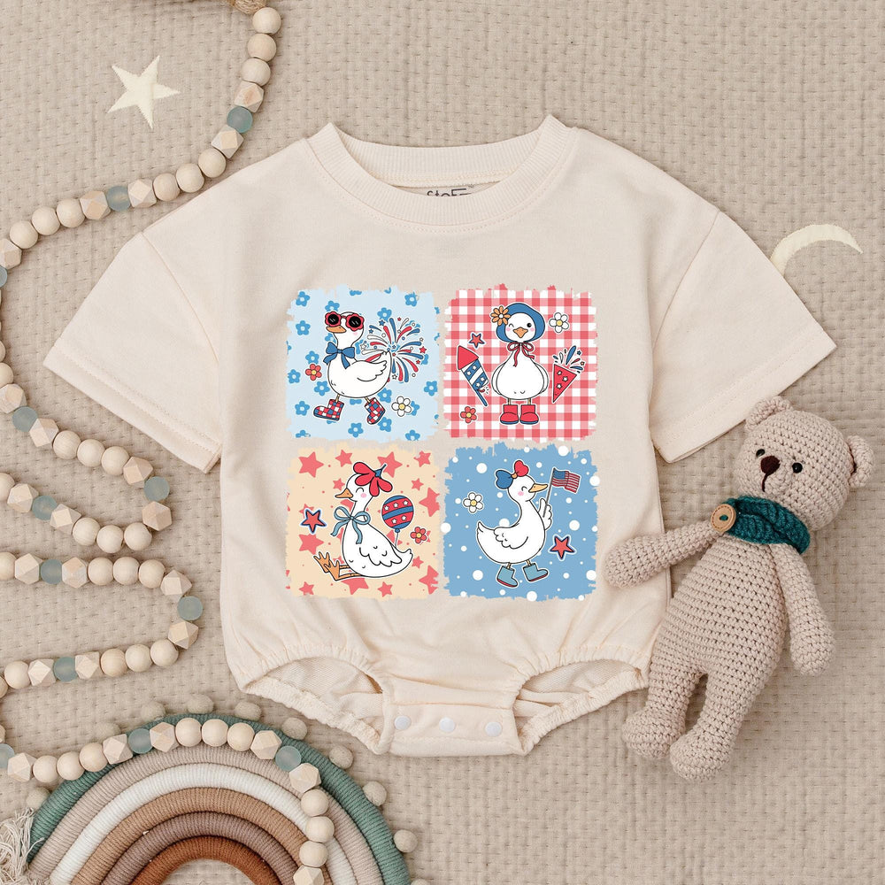 Patriotic Goose Baby Girl Romper 4th of July Outfit Vintage Americana Style Red White Blue Soft Cotton Infant Clothes Holiday Gift