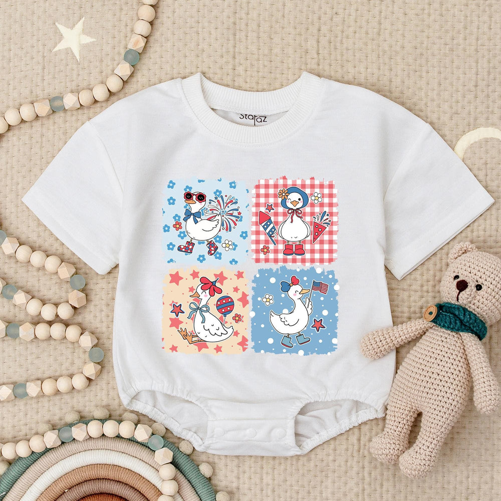 Patriotic Goose Baby Girl Romper 4th of July Outfit Vintage Americana Style Red White Blue Soft Cotton Infant Clothes Holiday Gift