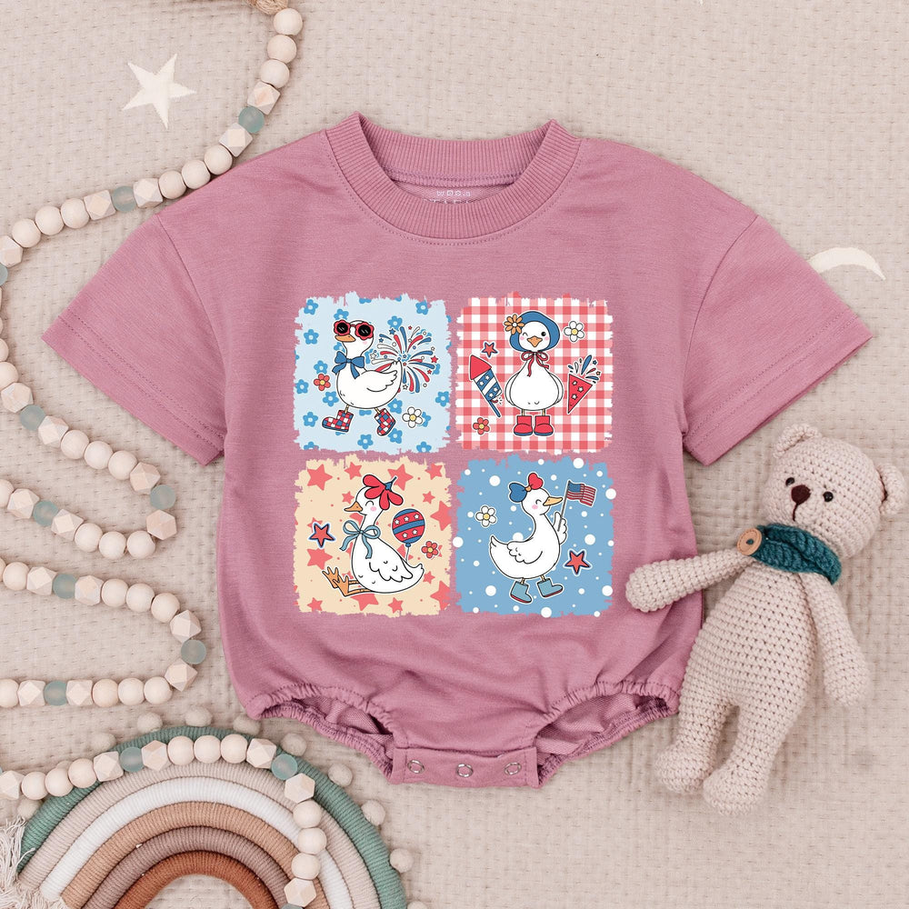 Patriotic Goose Baby Girl Romper 4th of July Outfit Vintage Americana Style Red White Blue Soft Cotton Infant Clothes Holiday Gift