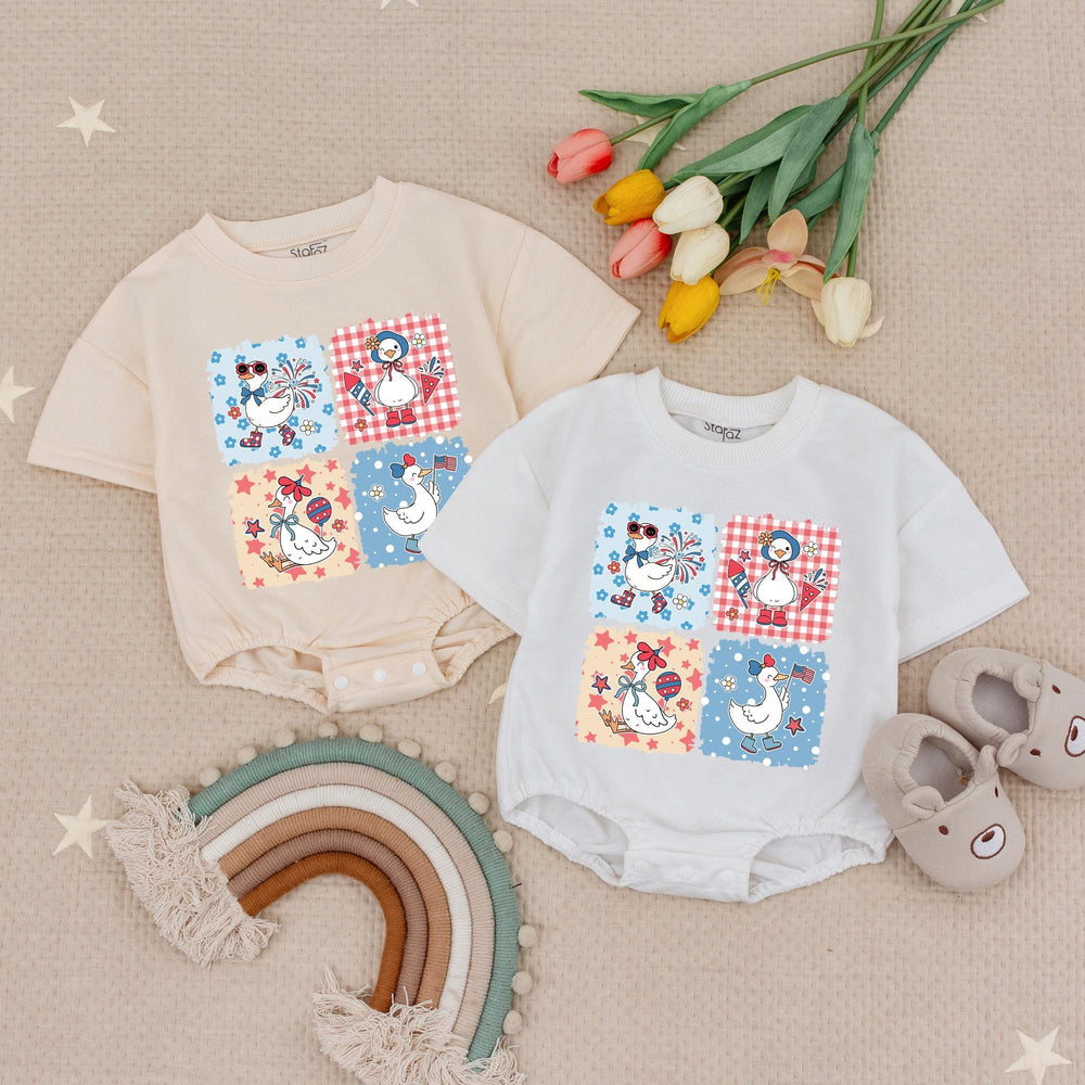 Patriotic Goose Baby Girl Romper 4th of July Outfit Vintage Americana Style Red White Blue Soft Cotton Infant Clothes Holiday Gift