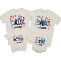 Patriotic Matching Family Shirts with Custom Names Uncle Sam Hat Fireworks Americana Design 4th of July Outfit for Dad Mom Brother Baby