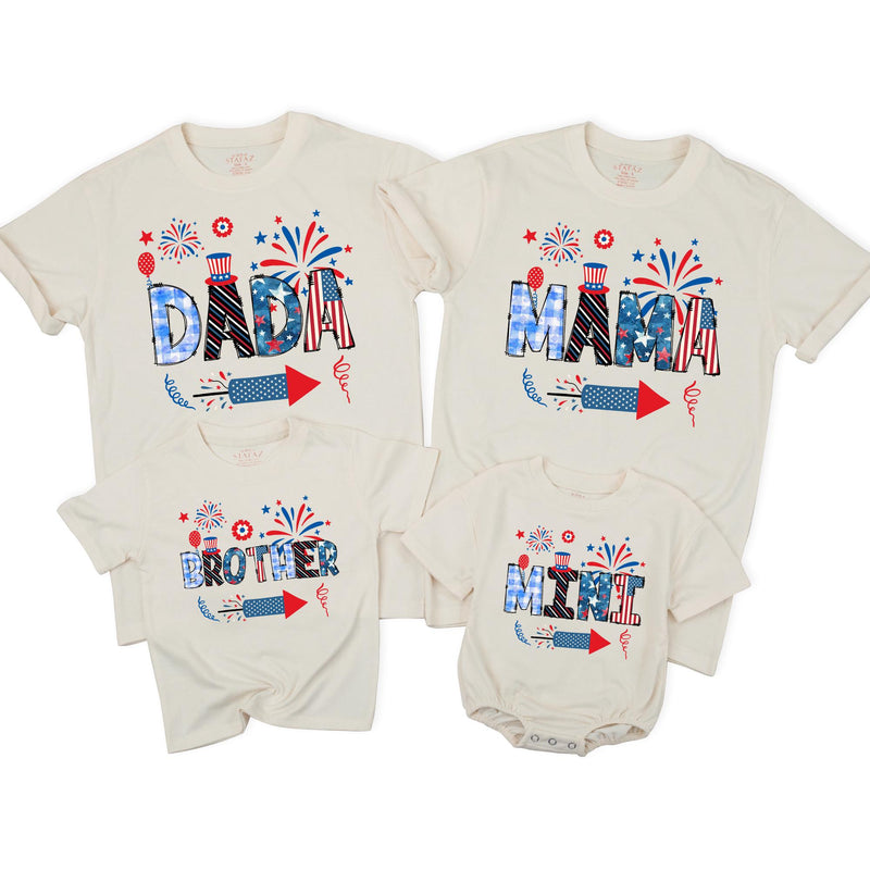 Patriotic Matching Family Shirts with Custom Names Uncle Sam Hat Fireworks Americana Design 4th of July Outfit for Dad Mom Brother Baby