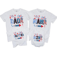 Patriotic Matching Family Shirts with Custom Names Uncle Sam Hat Fireworks Americana Design 4th of July Outfit for Dad Mom Brother Baby