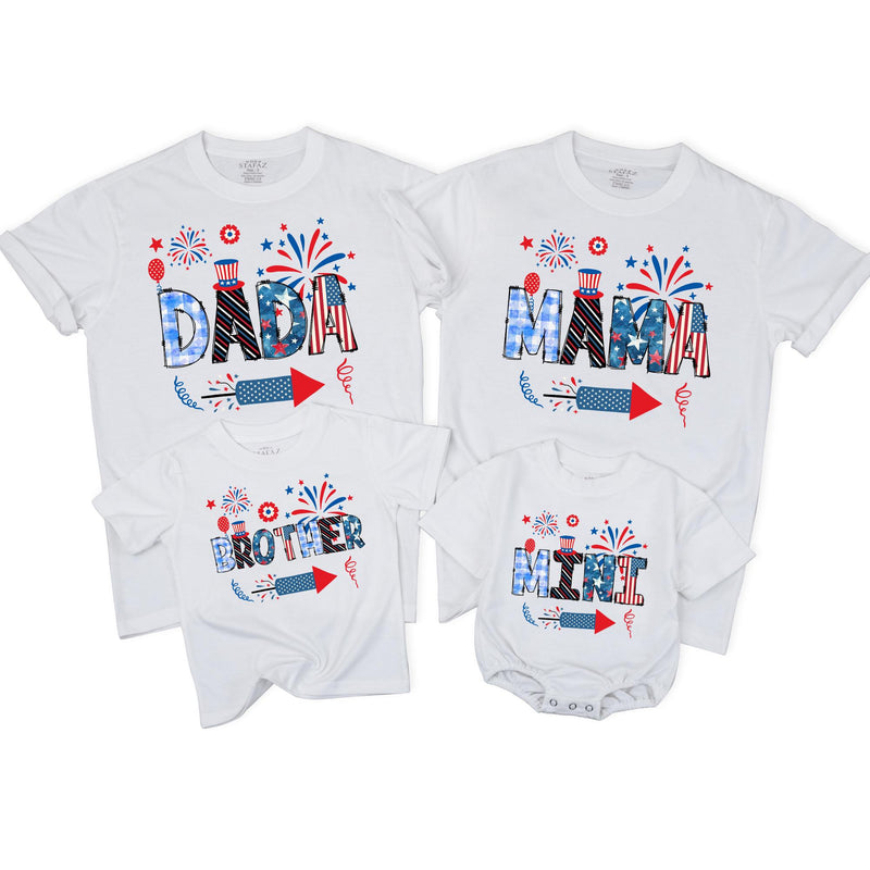 Patriotic Matching Family Shirts with Custom Names Uncle Sam Hat Fireworks Americana Design 4th of July Outfit for Dad Mom Brother Baby