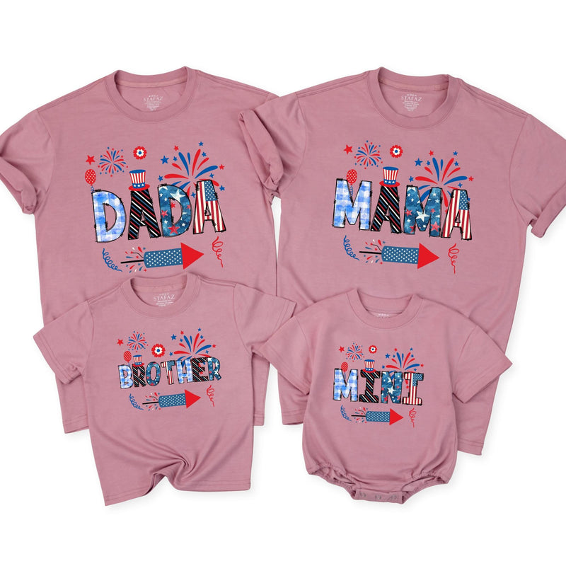 Patriotic Matching Family Shirts with Custom Names Uncle Sam Hat Fireworks Americana Design 4th of July Outfit for Dad Mom Brother Baby