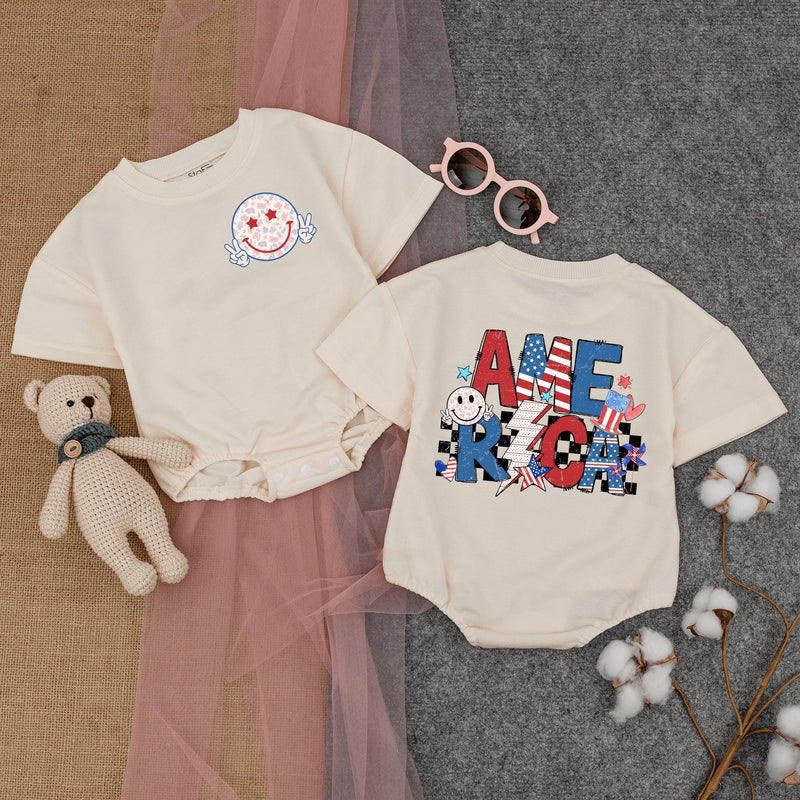 Patriotic Smiling Face Baby Romper Fourth of July Outfit Stars Stripes Vintage Americana Infant Bodysuit Holiday Celebration Gift
