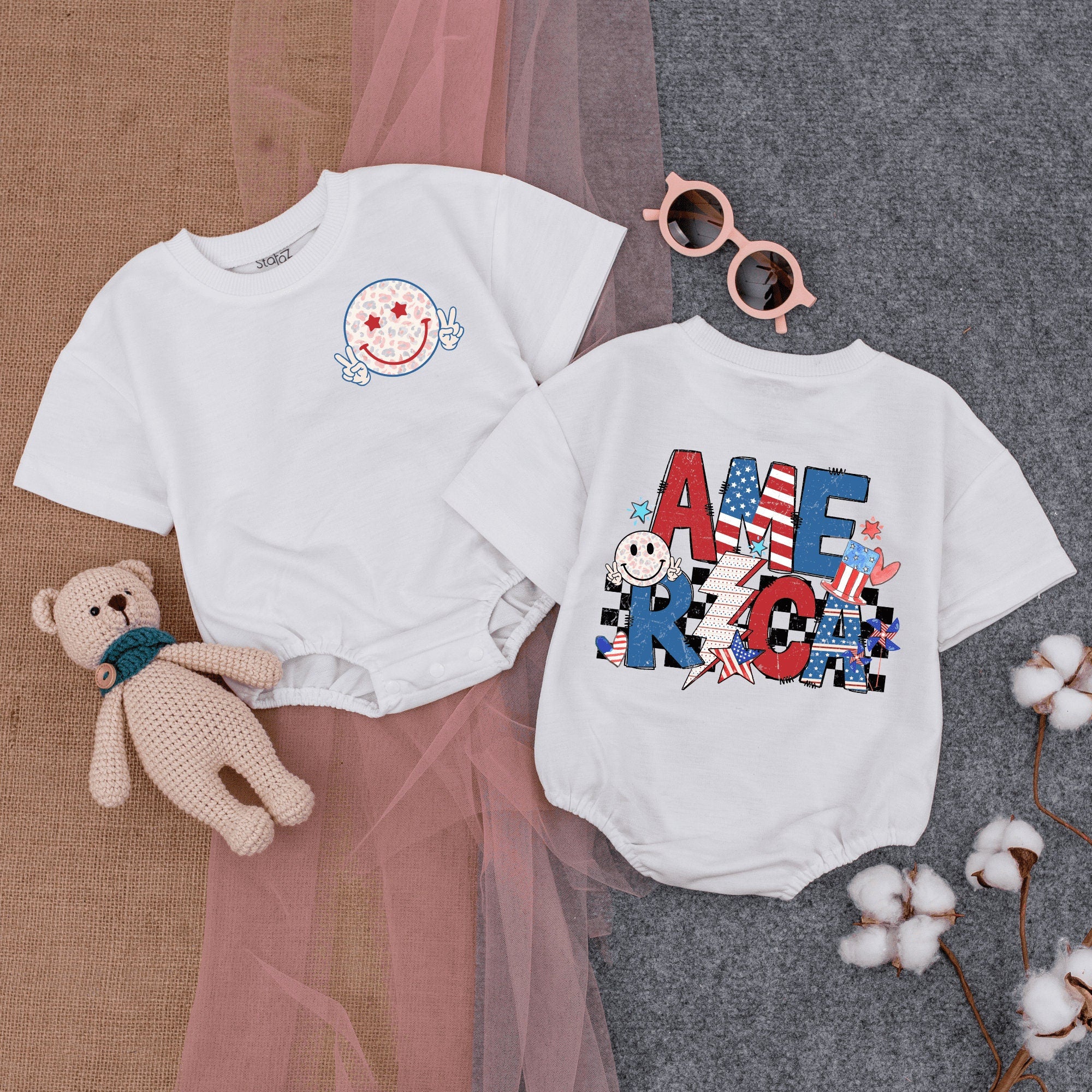 Patriotic Smiling Face Baby Romper Fourth of July Outfit Stars Stripes Vintage Americana Infant Bodysuit Holiday Celebration Gift