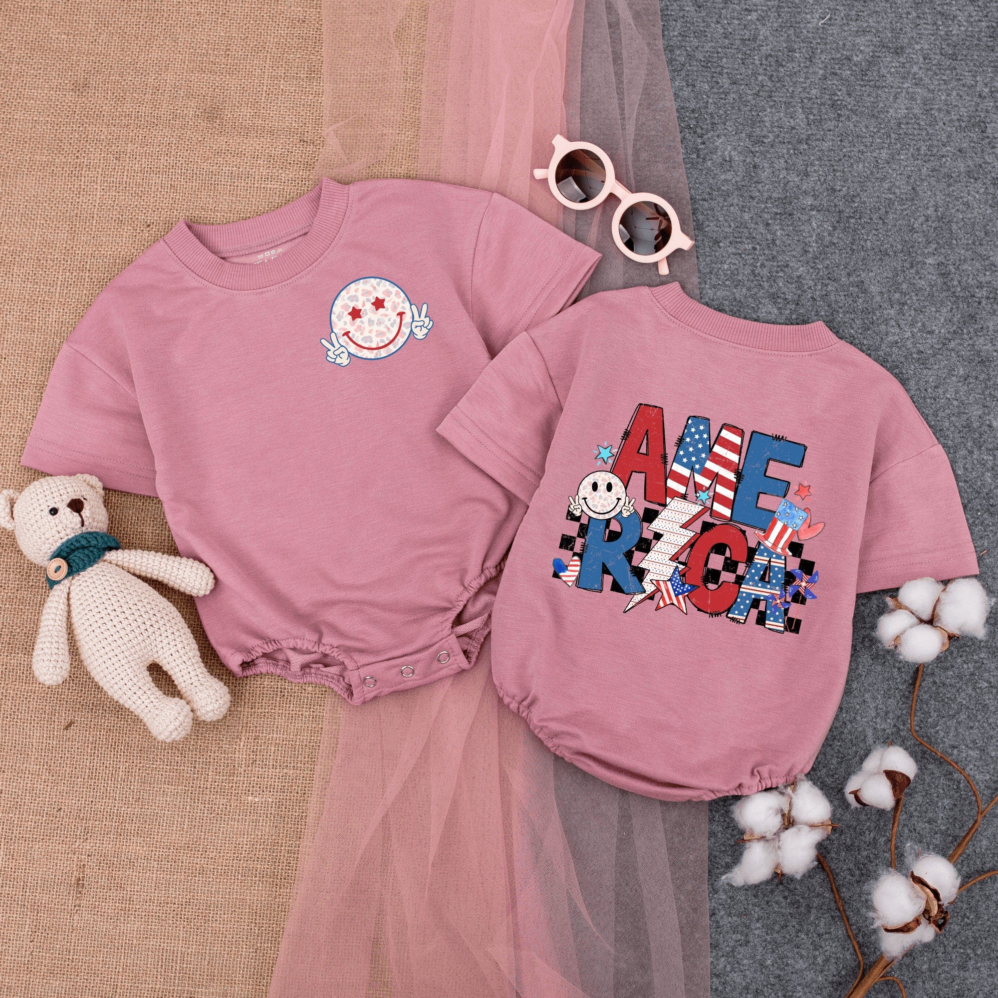 Patriotic Smiling Face Baby Romper Fourth of July Outfit Stars Stripes Vintage Americana Infant Bodysuit Holiday Celebration Gift