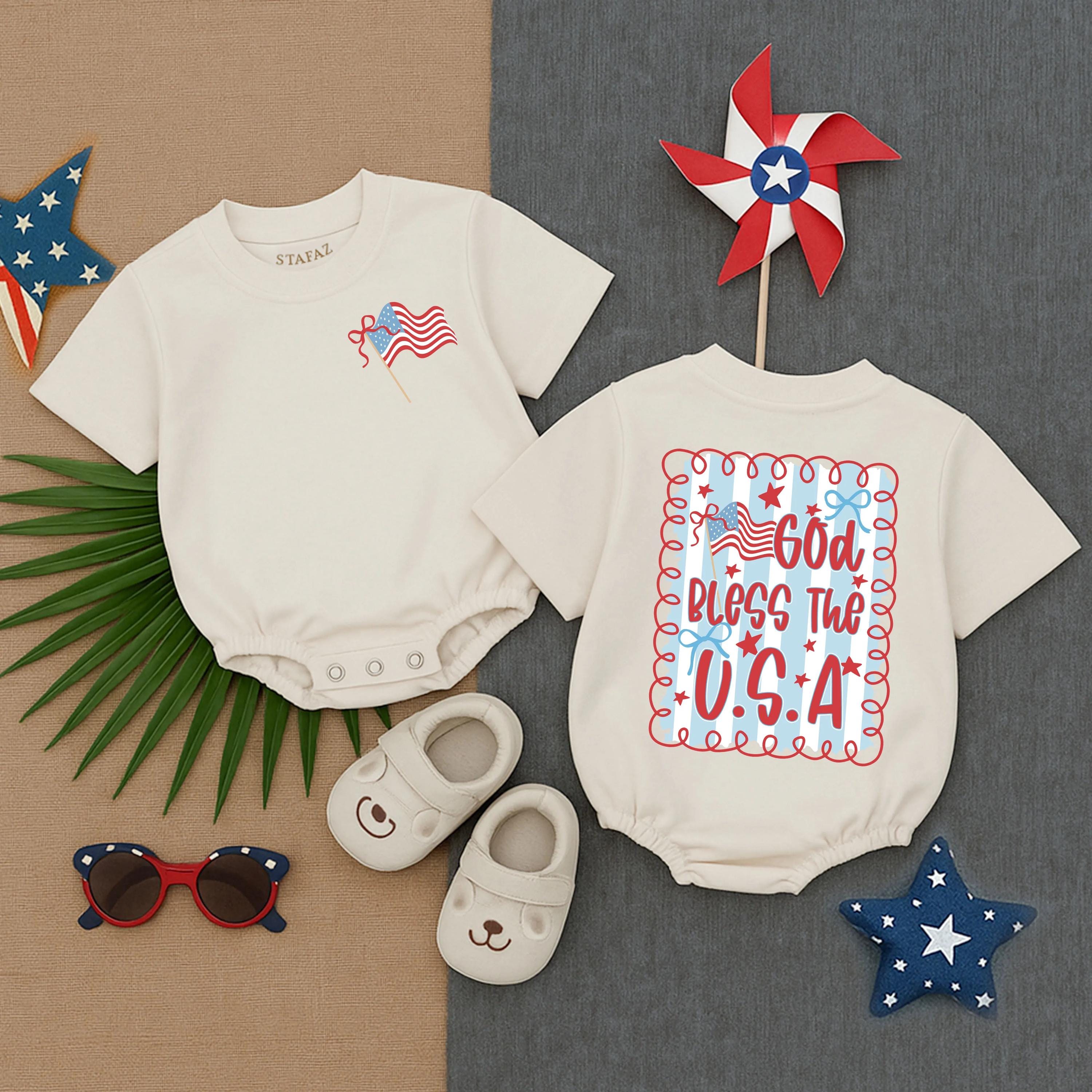 Patriotic Toddler Romper Red White Blue with American Flag Bow God Bless USA Baby Outfit Independence Day Celebration Clothes