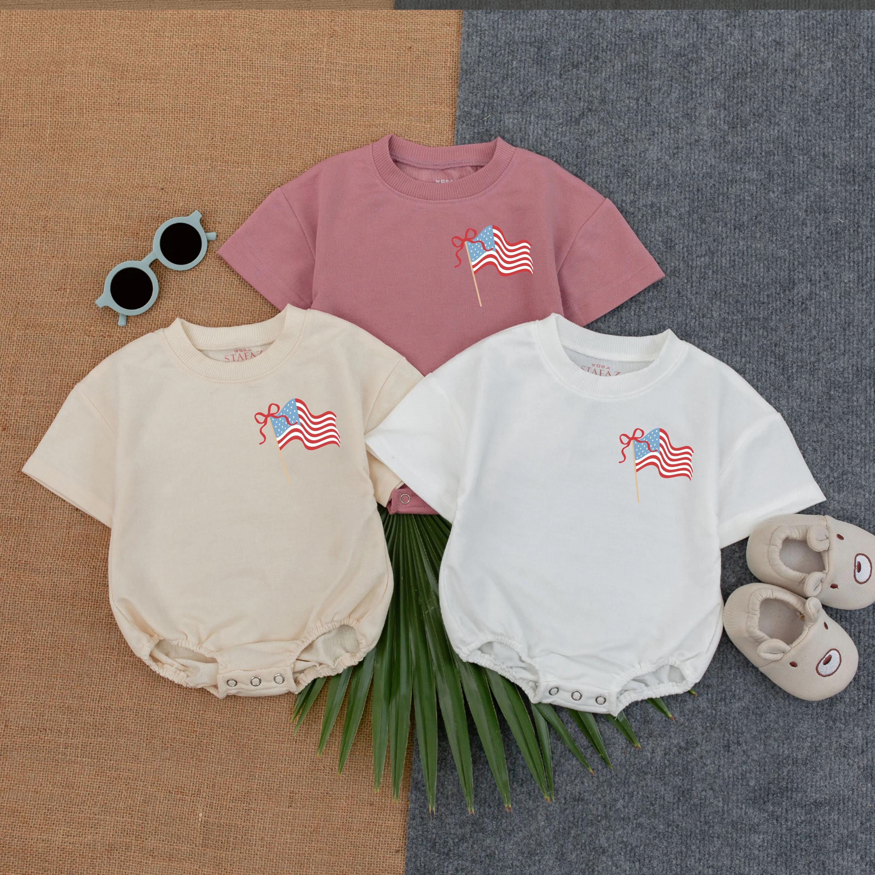 Patriotic Toddler Romper Red White Blue with American Flag Bow God Bless USA Baby Outfit Independence Day Celebration Clothes