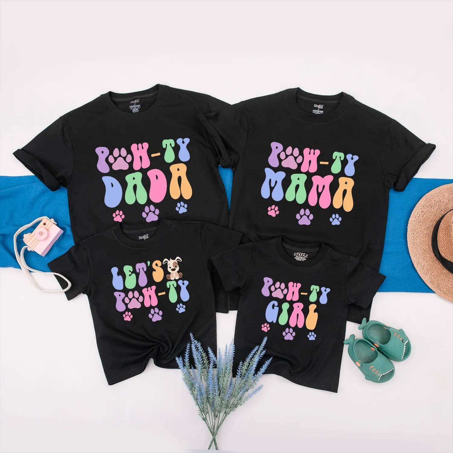 Pawty Animal Family Shirts for Birthday Celebrations Custom Pet Theme Matching Outfits Dada Mama Girl Let's Paw-ty Fun Vibrant Design