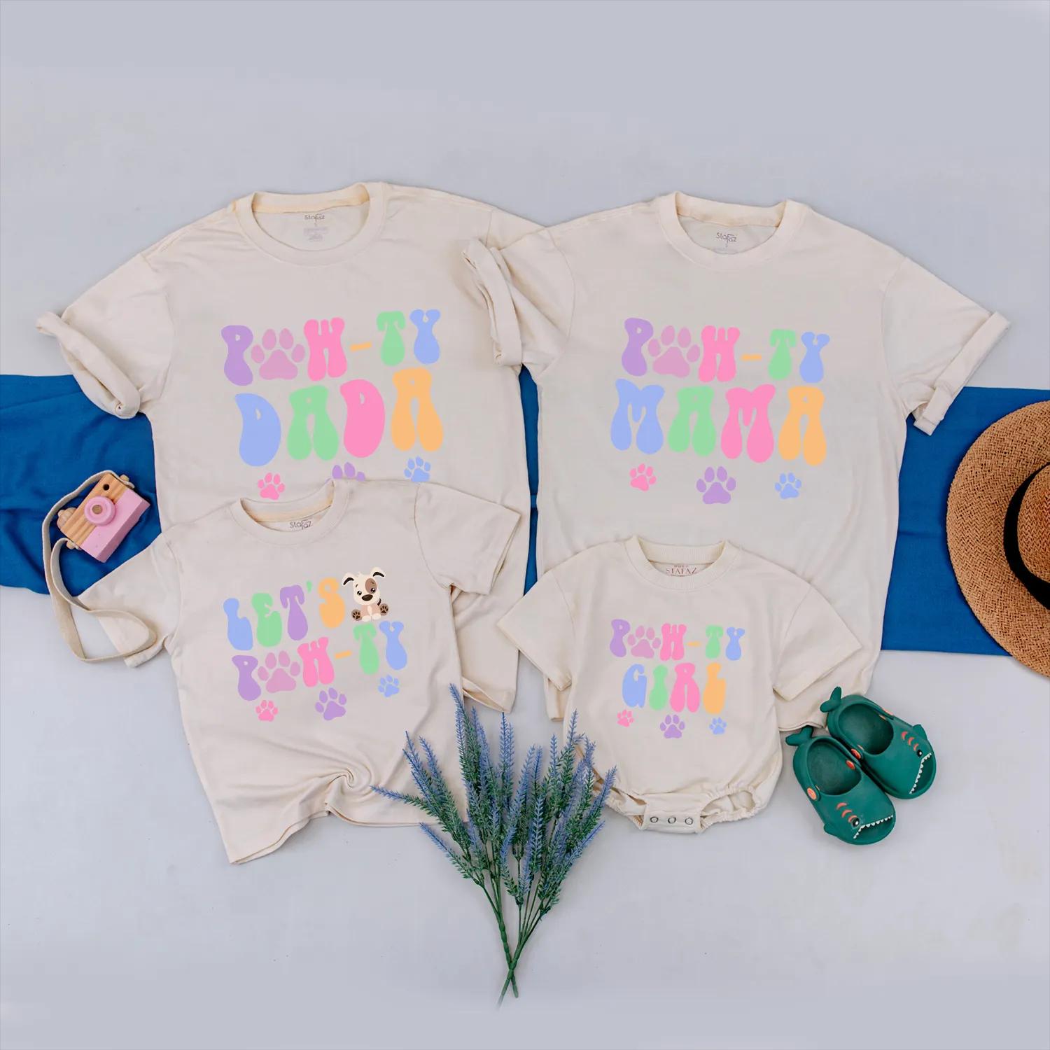 Pawty Animal Family Shirts for Birthday Celebrations Custom Pet Theme Matching Outfits Dada Mama Girl Let's Paw-ty Fun Vibrant Design