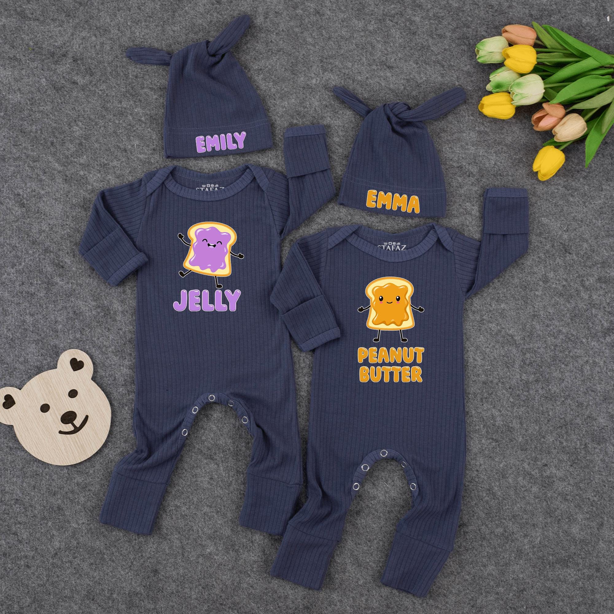 Peanut Butter & Jelly Twin Baby Rompers with Matching Custom Name Hats, Cute Newborn Outfits for Twins, Baby Shower Gift Idea
