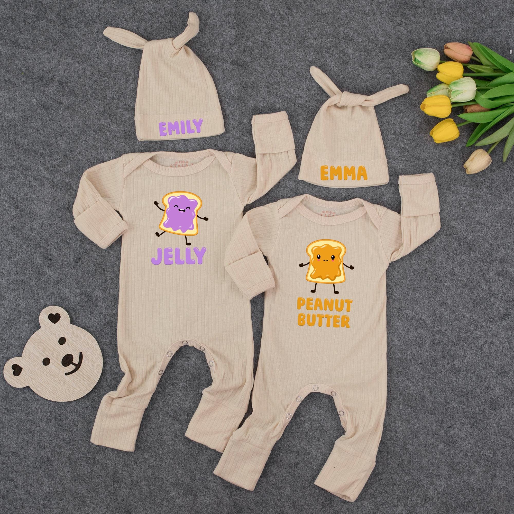 Peanut Butter & Jelly Twin Baby Rompers with Matching Custom Name Hats, Cute Newborn Outfits for Twins, Baby Shower Gift Idea