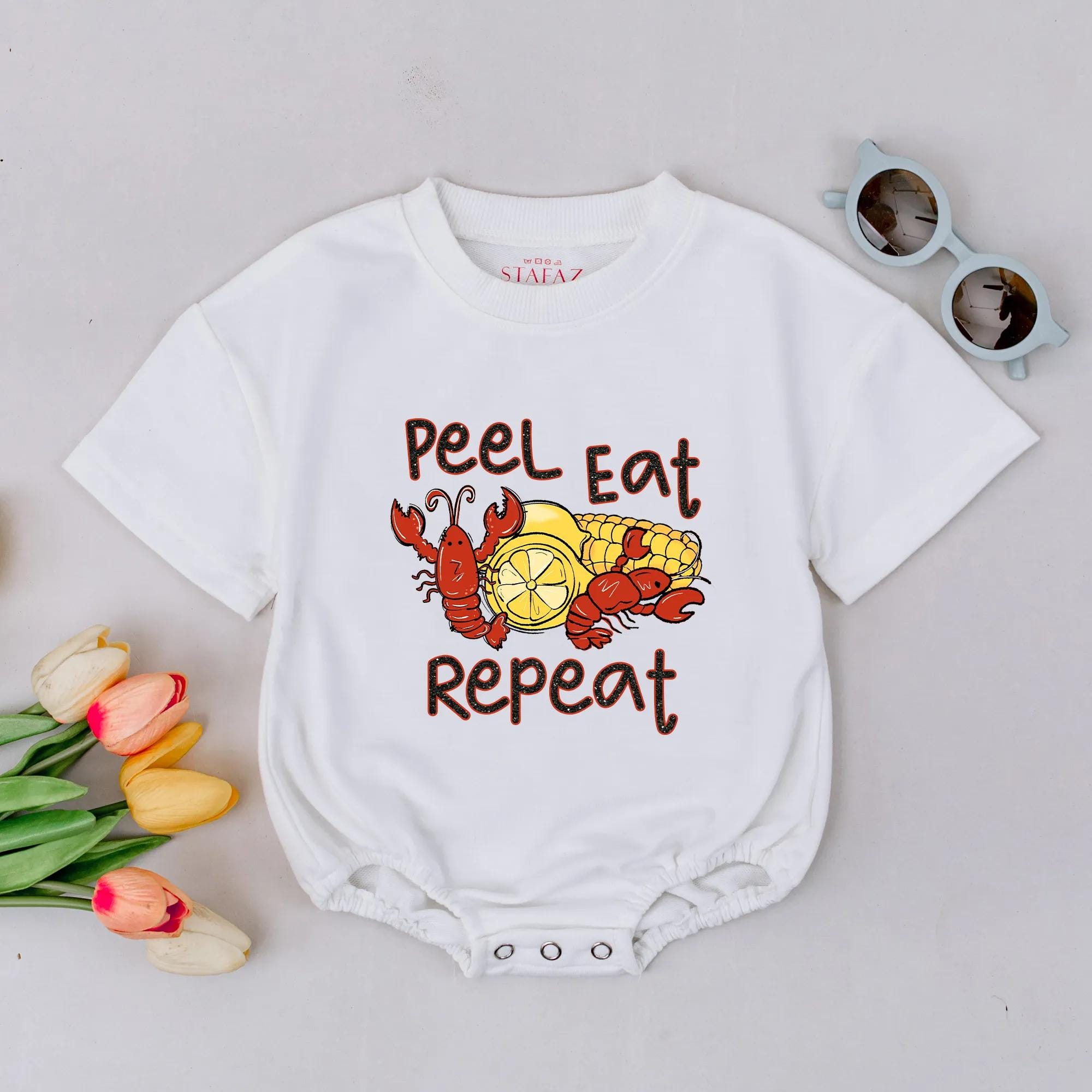 Peel Eat Repeat Crawfish Boil Baby Romper with Seafood Artwork, Cajun Toddler Outfit, Louisiana Baby Shower Gift Idea