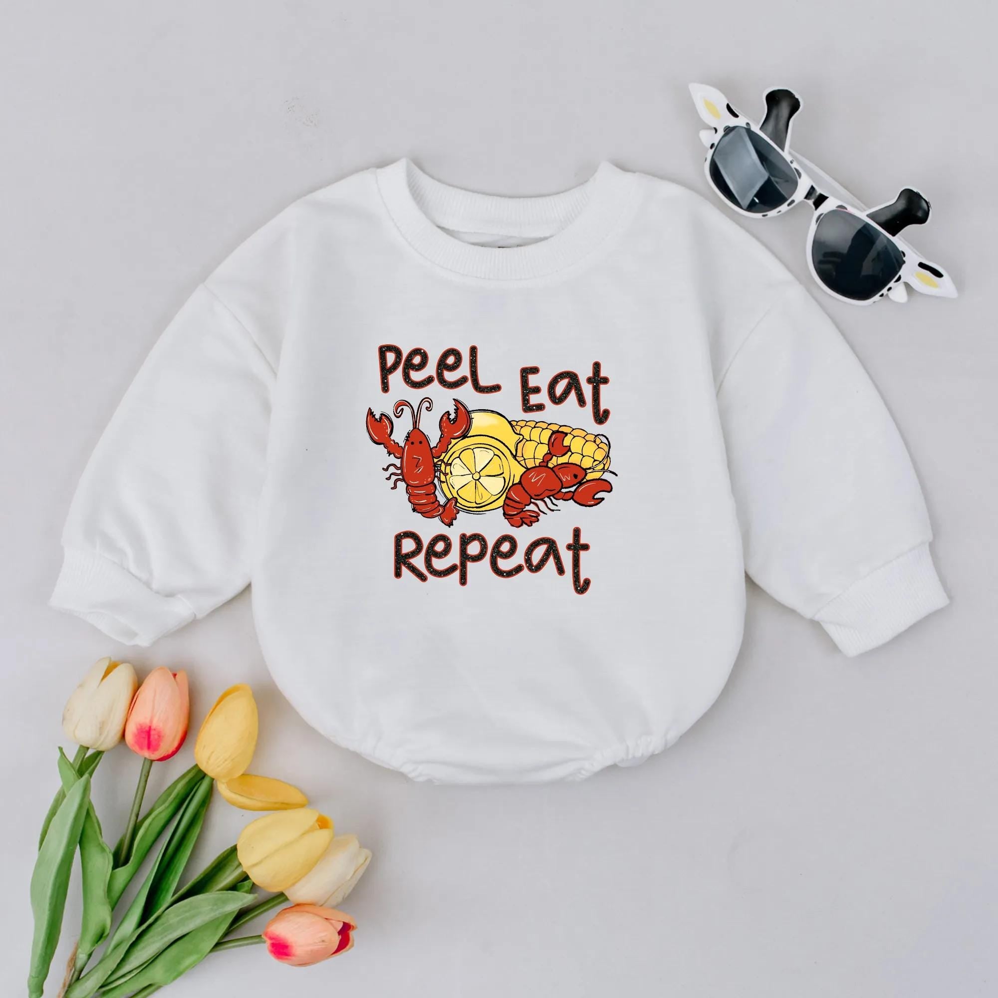 Peel Eat Repeat Crawfish Boil Baby Romper with Seafood Artwork, Cajun Toddler Outfit, Louisiana Baby Shower Gift Idea