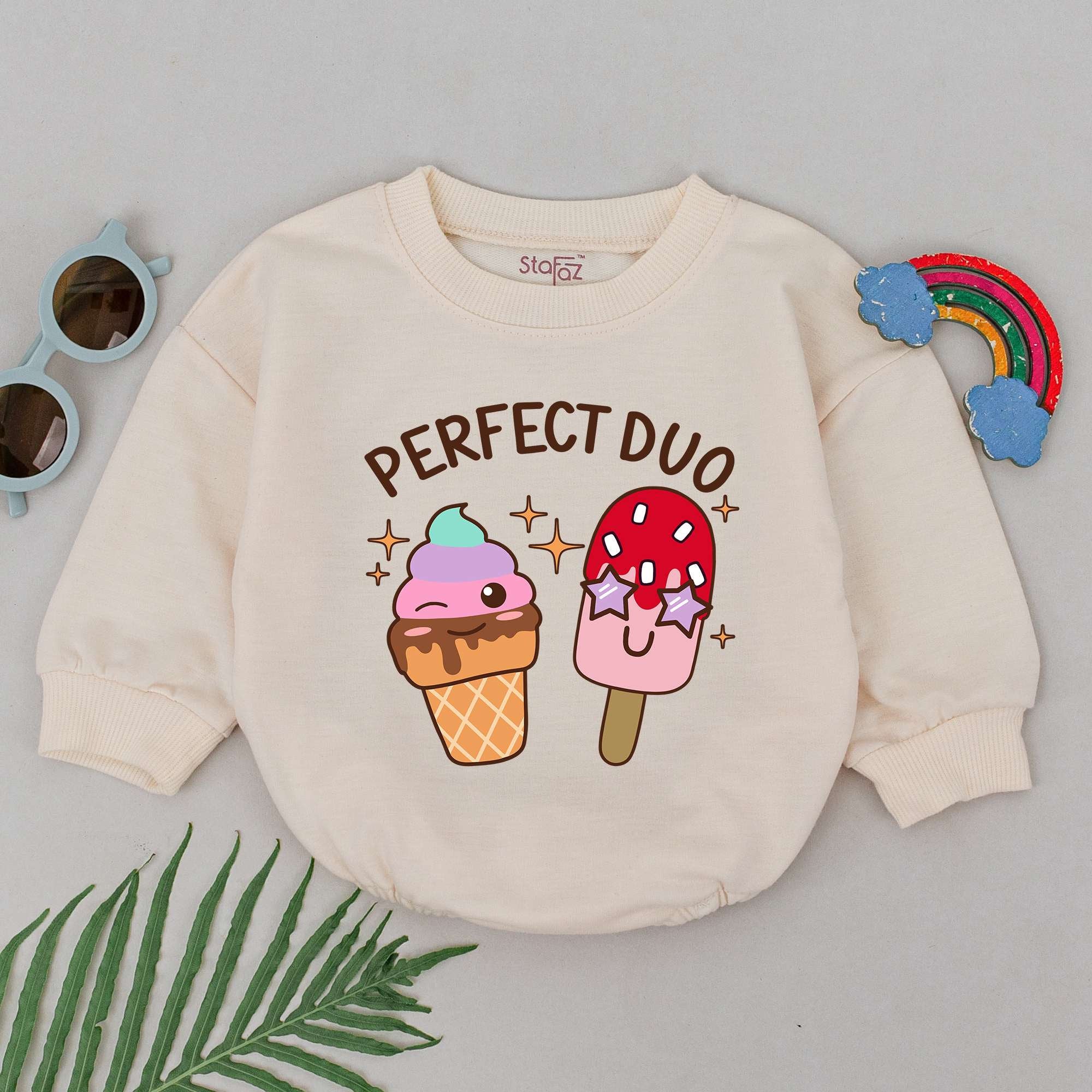 Perfect Duo Baby Romper with Cartoon Ice Cream Characters Pink Blue Playful Design Soft Cotton Outfit for Baby Boys Girls Birthday