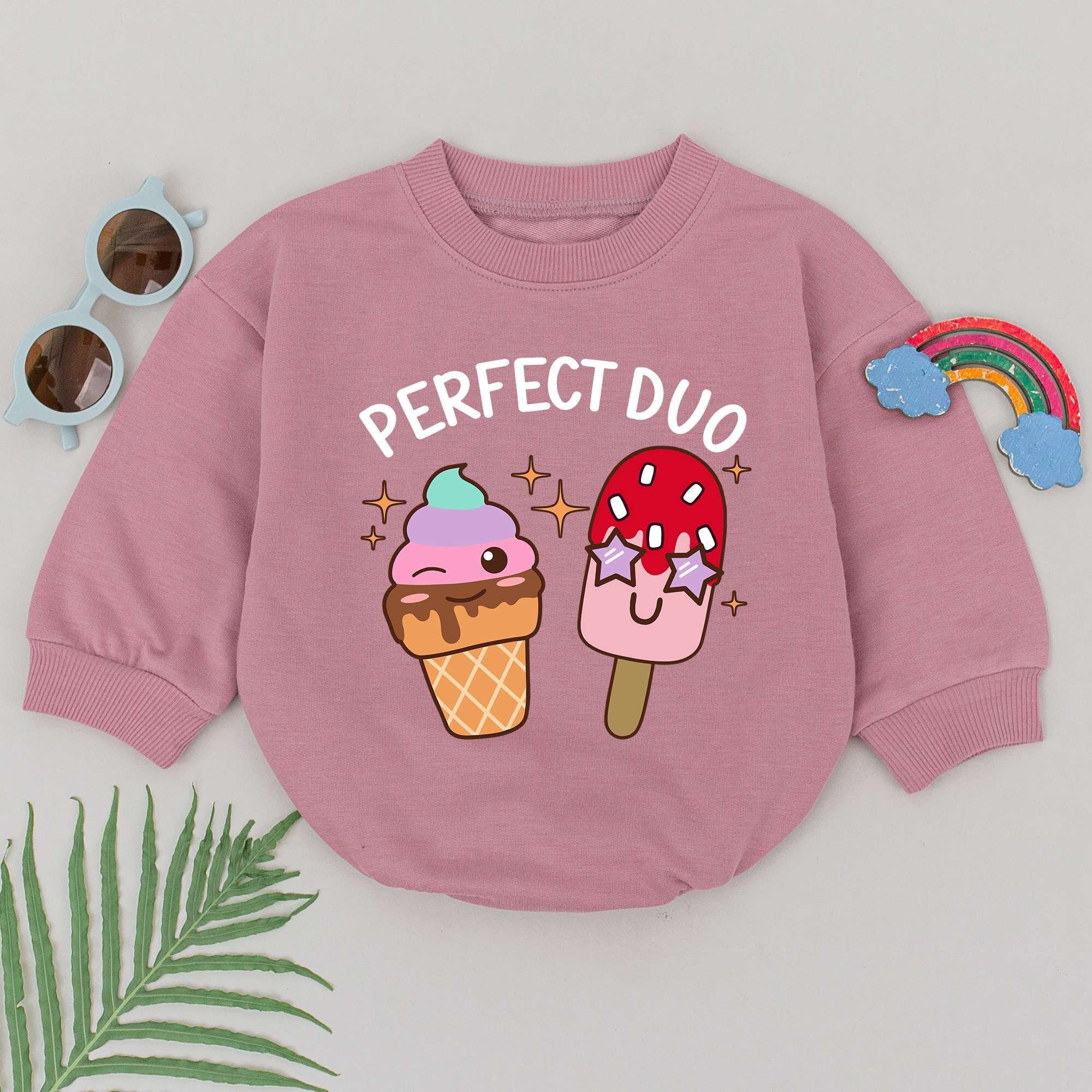 Perfect Duo Baby Romper with Cartoon Ice Cream Characters Pink Blue Playful Design Soft Cotton Outfit for Baby Boys Girls Birthday