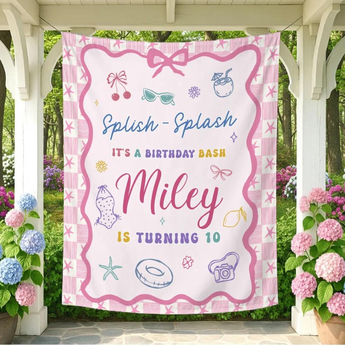 Personalized 10th Birthday Banner for Girls Splish Splash Pool Party Decor Custom Name Backdrop Pink Summer Theme with Fun Retro Design