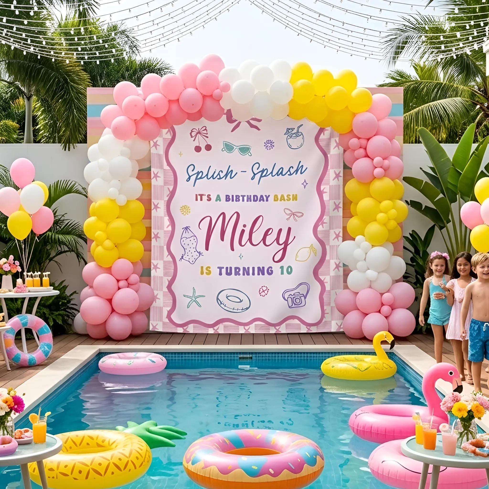 Personalized 10th Birthday Banner for Girls Splish Splash Pool Party Decor Custom Name Backdrop Pink Summer Theme with Fun Retro Design