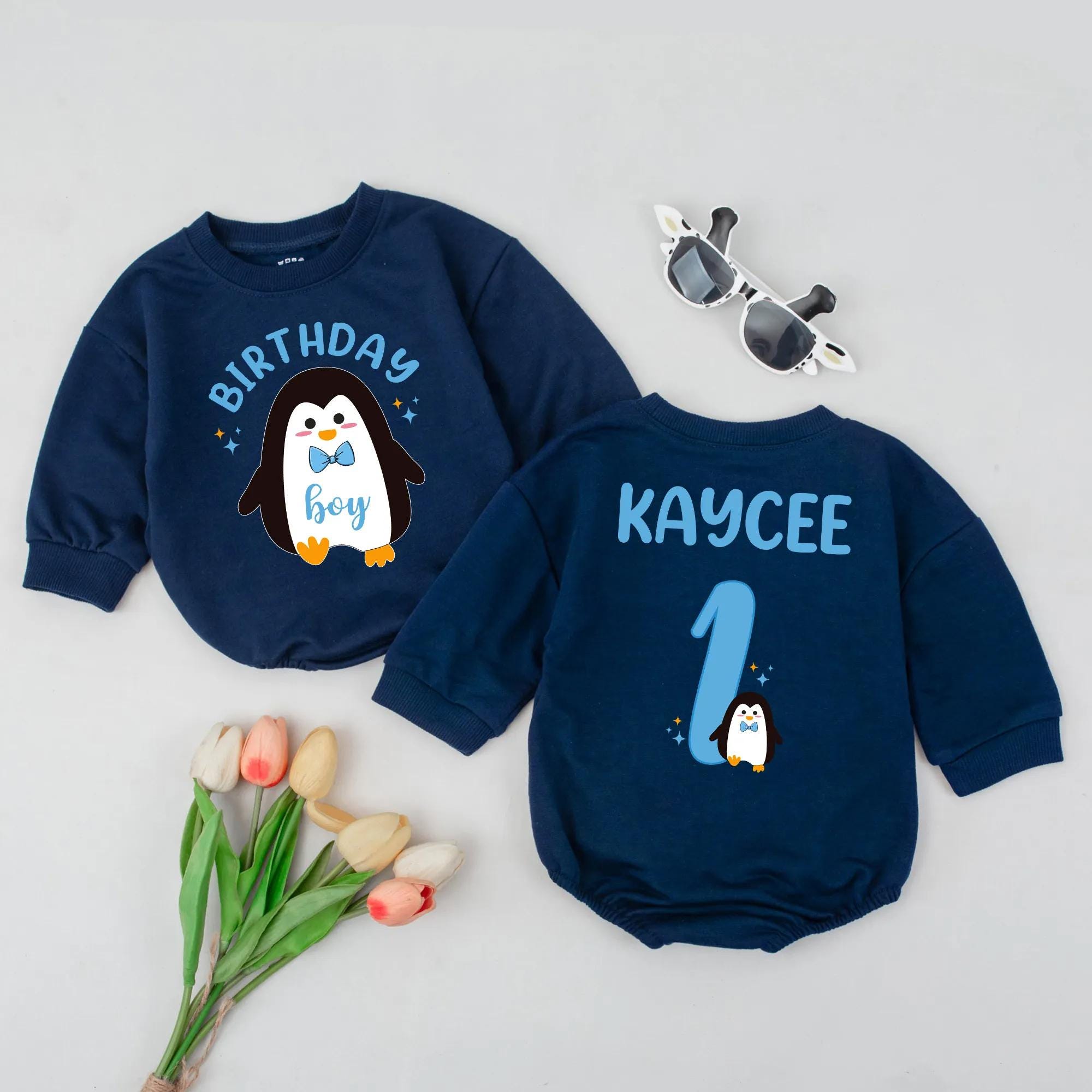 Personalized 1st Birthday Baby Romper with Pink Penguin Design for Girls Winter Party Outfit Custom Name Soft Cotton Gift