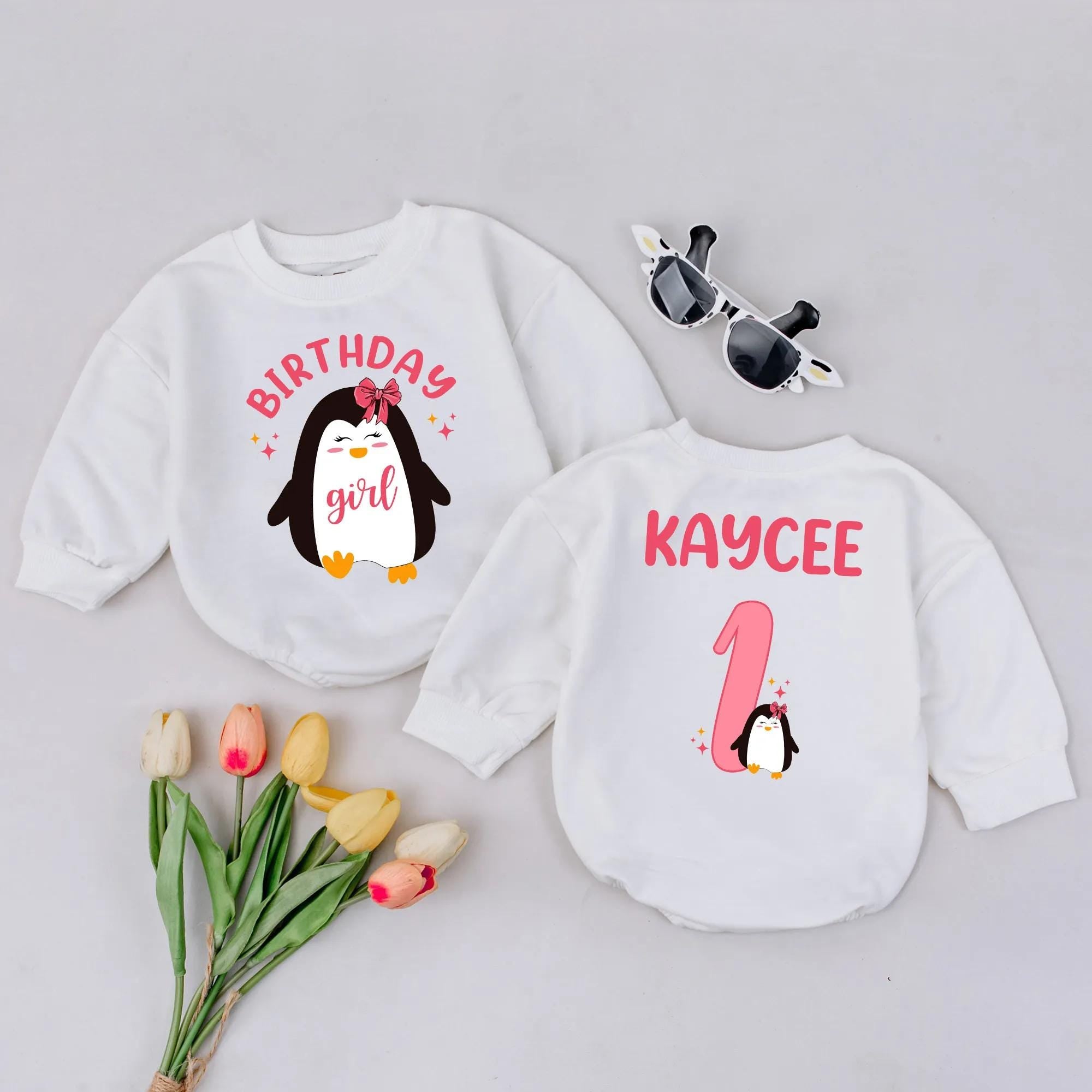 Personalized 1st Birthday Baby Romper with Pink Penguin Design for Girls Winter Party Outfit Custom Name Soft Cotton Gift