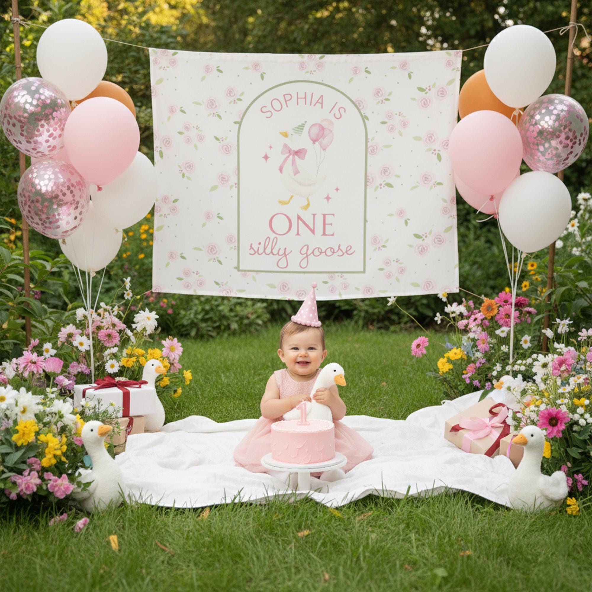 Personalized 1st Birthday Banner for Girls with Pink Floral Design Custom Party Backdrop Baby Girl Celebration Decor Light Rose Pattern