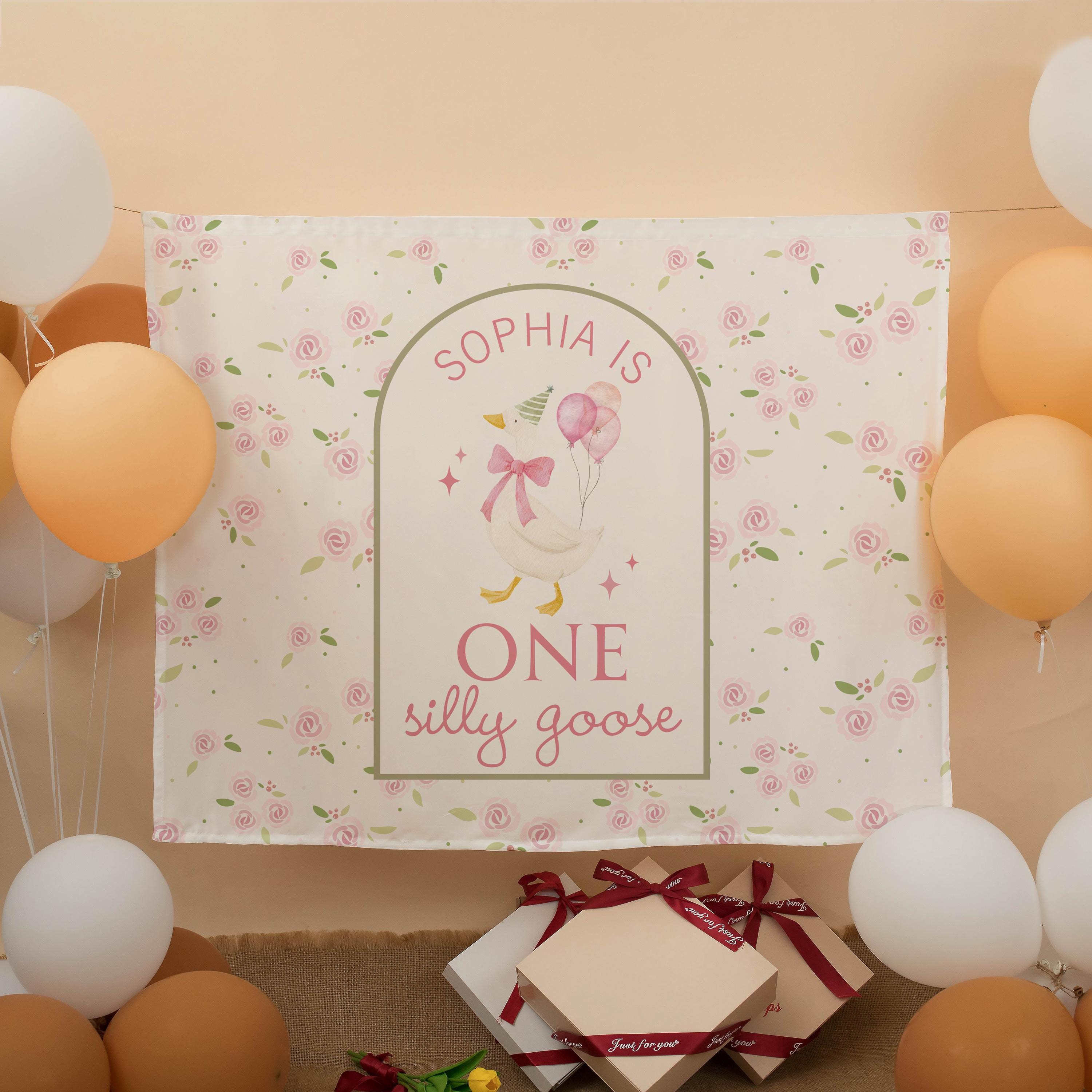 Personalized 1st Birthday Banner for Girls with Pink Floral Design Custom Party Backdrop Baby Girl Celebration Decor Light Rose Pattern
