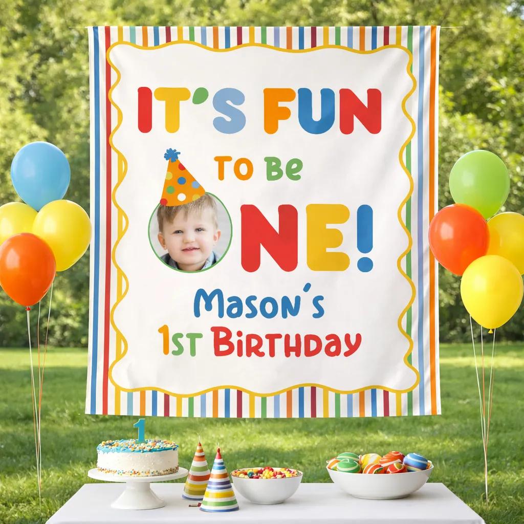 Personalized 1st Birthday Banner with Photo, It’s Fun to Be One Party Backdrop for Baby Boy Celebration, Colorful Cake Smash Sign Decor