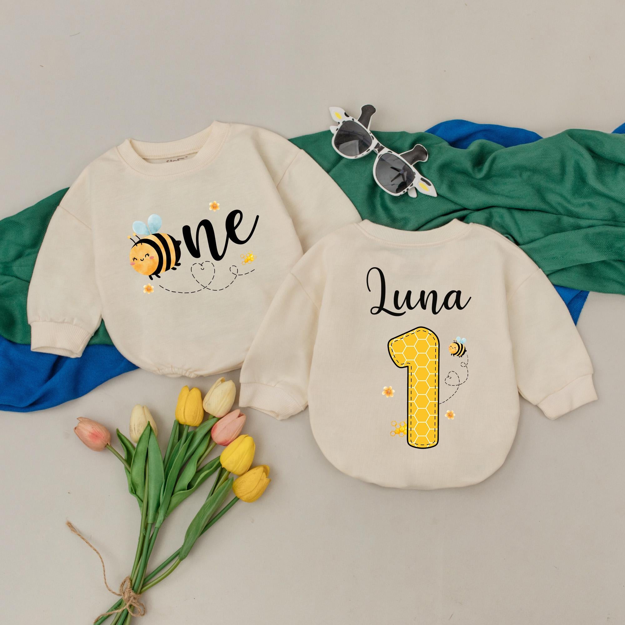 Personalized 1st Birthday Bee Romper for Infant Luna with Cute Bumblebee Design Cotton Outfit Baby Shower Gift Custom Name Option