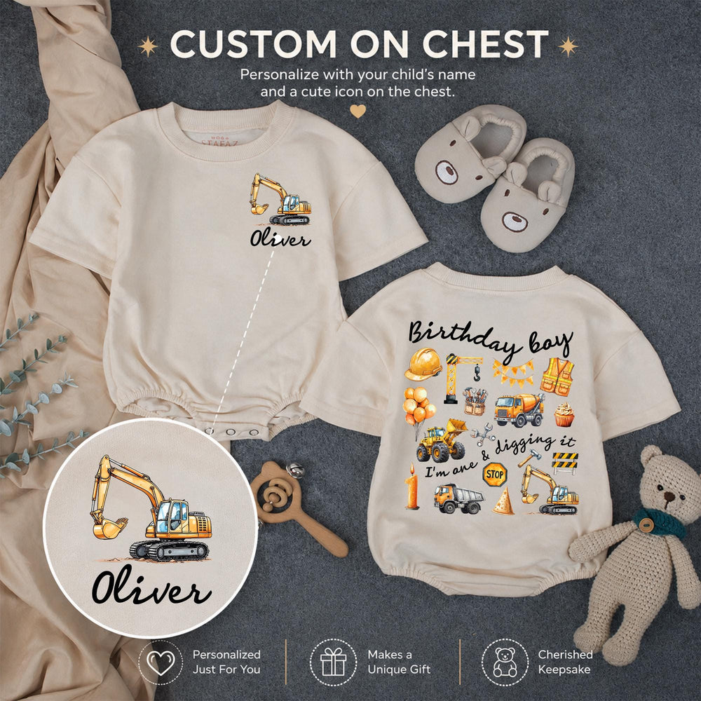 Personalized 1st Birthday Boy Romper with Excavator Design Custom Name Outfit I’m One and Digging It Construction Theme Party Gift