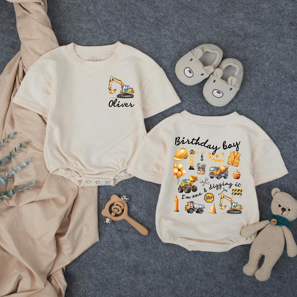 Personalized 1st Birthday Boy Romper with Excavator Design Custom Name Outfit I’m One and Digging It Construction Theme Party Gift