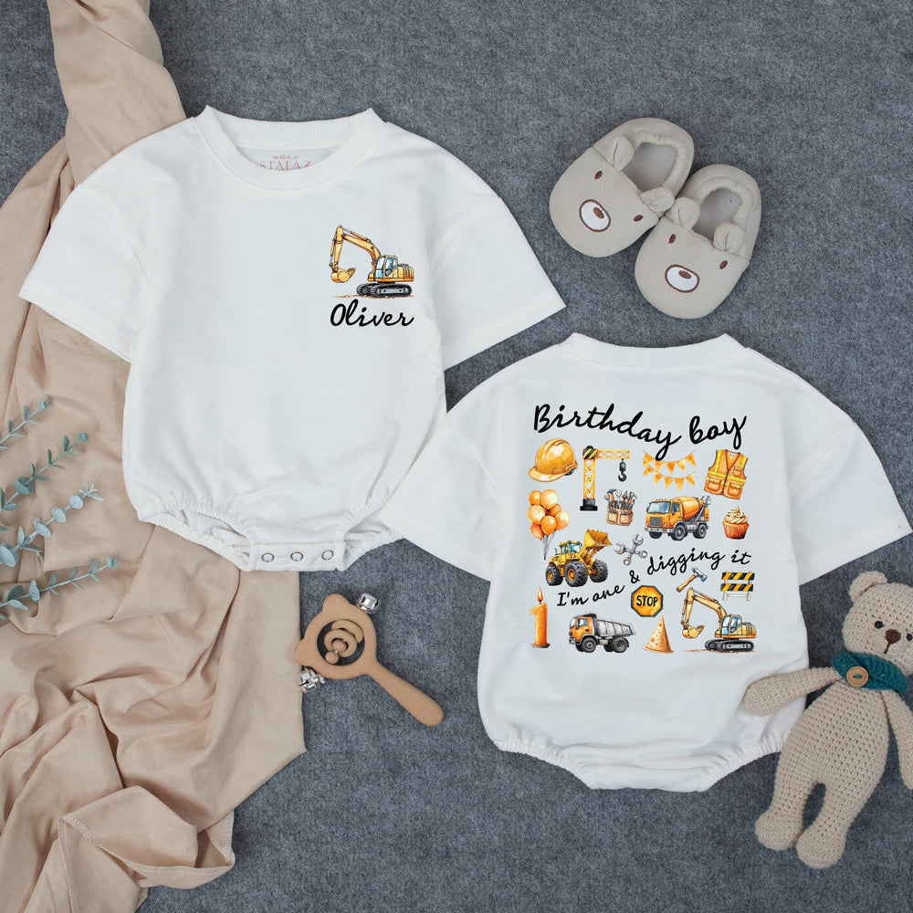 Personalized 1st Birthday Boy Romper with Excavator Design Custom Name Outfit I’m One and Digging It Construction Theme Party Gift
