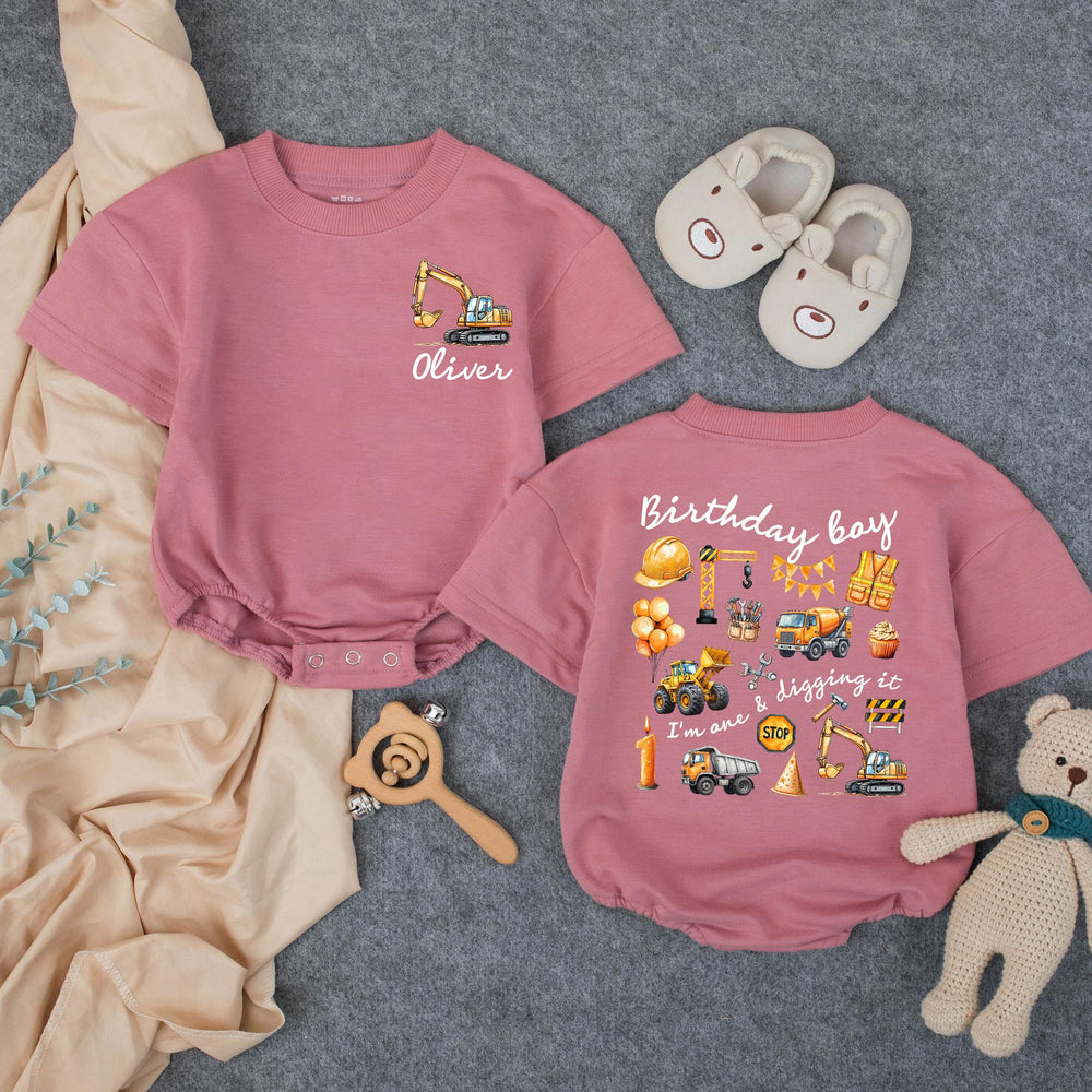 Personalized 1st Birthday Boy Romper with Excavator Design Custom Name Outfit I’m One and Digging It Construction Theme Party Gift