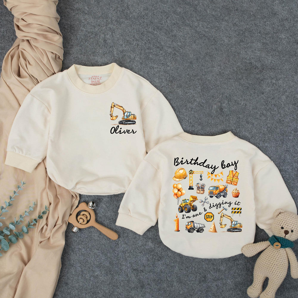 Personalized 1st Birthday Boy Romper with Excavator Design Custom Name Outfit I’m One and Digging It Construction Theme Party Gift