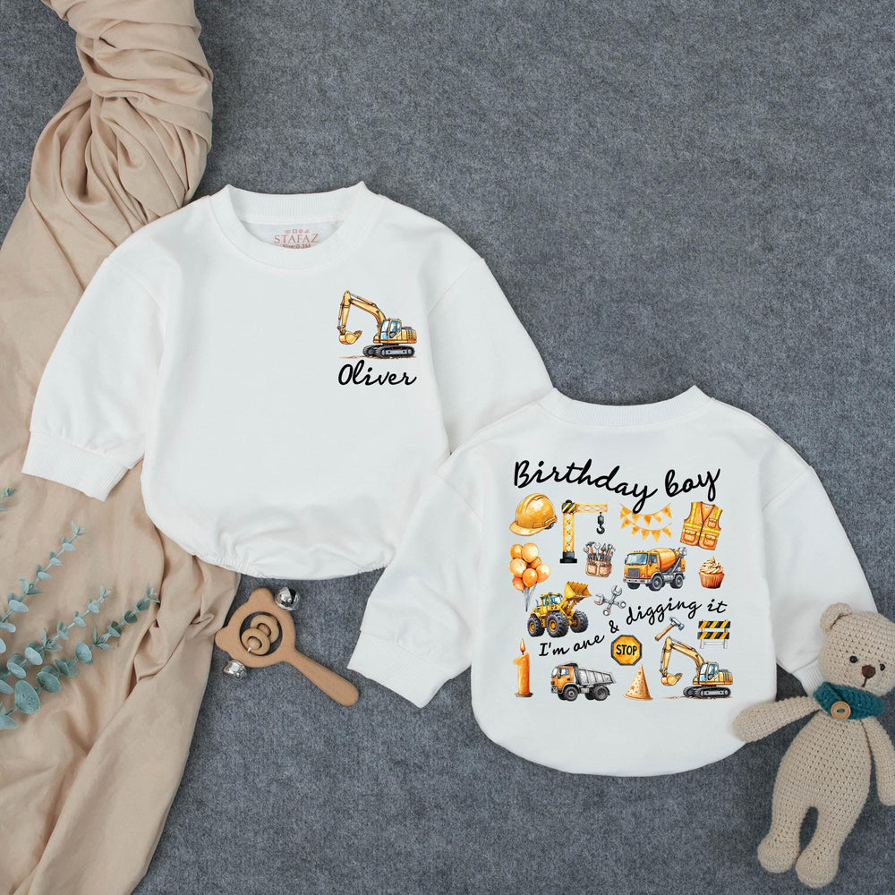 Personalized 1st Birthday Boy Romper with Excavator Design Custom Name Outfit I’m One and Digging It Construction Theme Party Gift