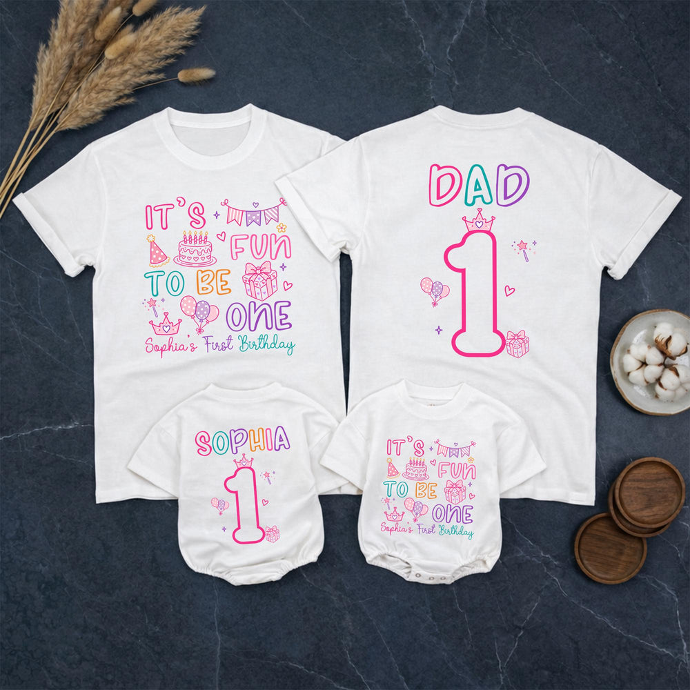 Personalized 1st Birthday Girl Matching Family Shirts Soft Cotton Bubble Romper It’s Fun to Be One Party Outfit Custom Name Gift