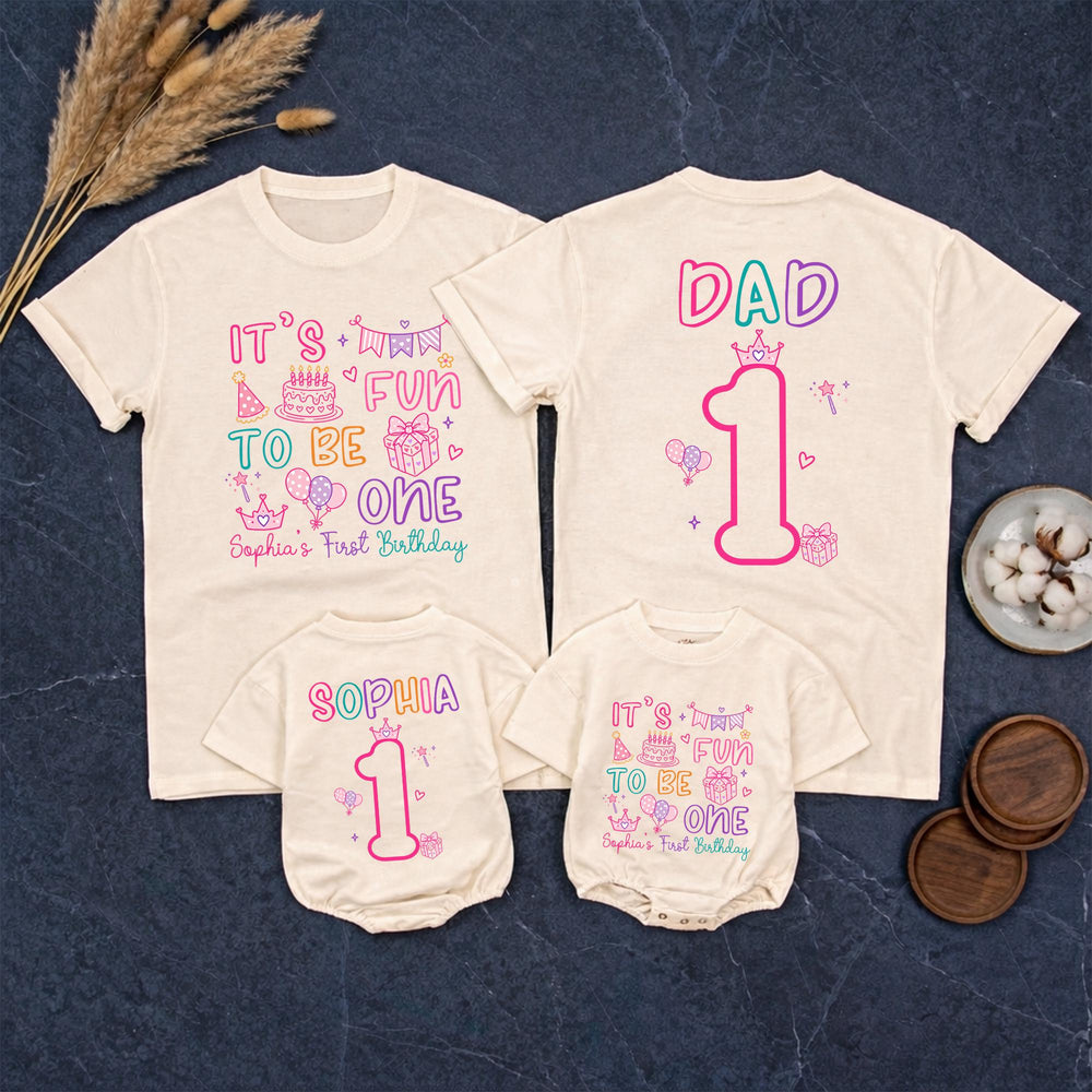 Personalized 1st Birthday Girl Matching Family Shirts Soft Cotton Bubble Romper It’s Fun to Be One Party Outfit Custom Name Gift