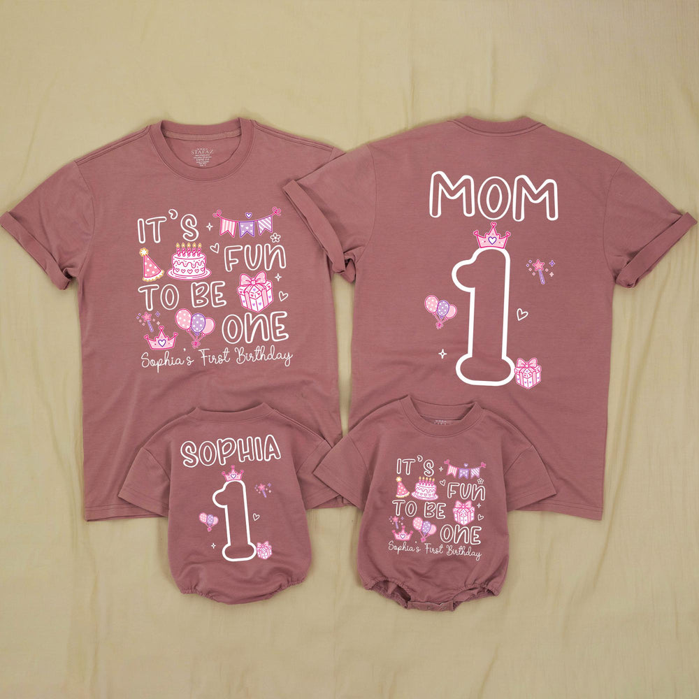 Personalized 1st Birthday Girl Matching Family Shirts Soft Cotton Bubble Romper It’s Fun to Be One Party Outfit Custom Name Gift