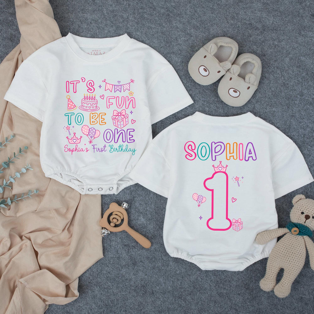 Personalized 1st Birthday Girl Matching Family Shirts Soft Cotton Bubble Romper It’s Fun to Be One Party Outfit Custom Name Gift