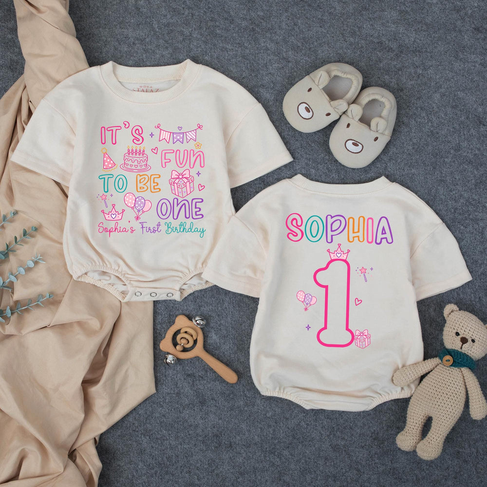 Personalized 1st Birthday Girl Matching Family Shirts Soft Cotton Bubble Romper It’s Fun to Be One Party Outfit Custom Name Gift
