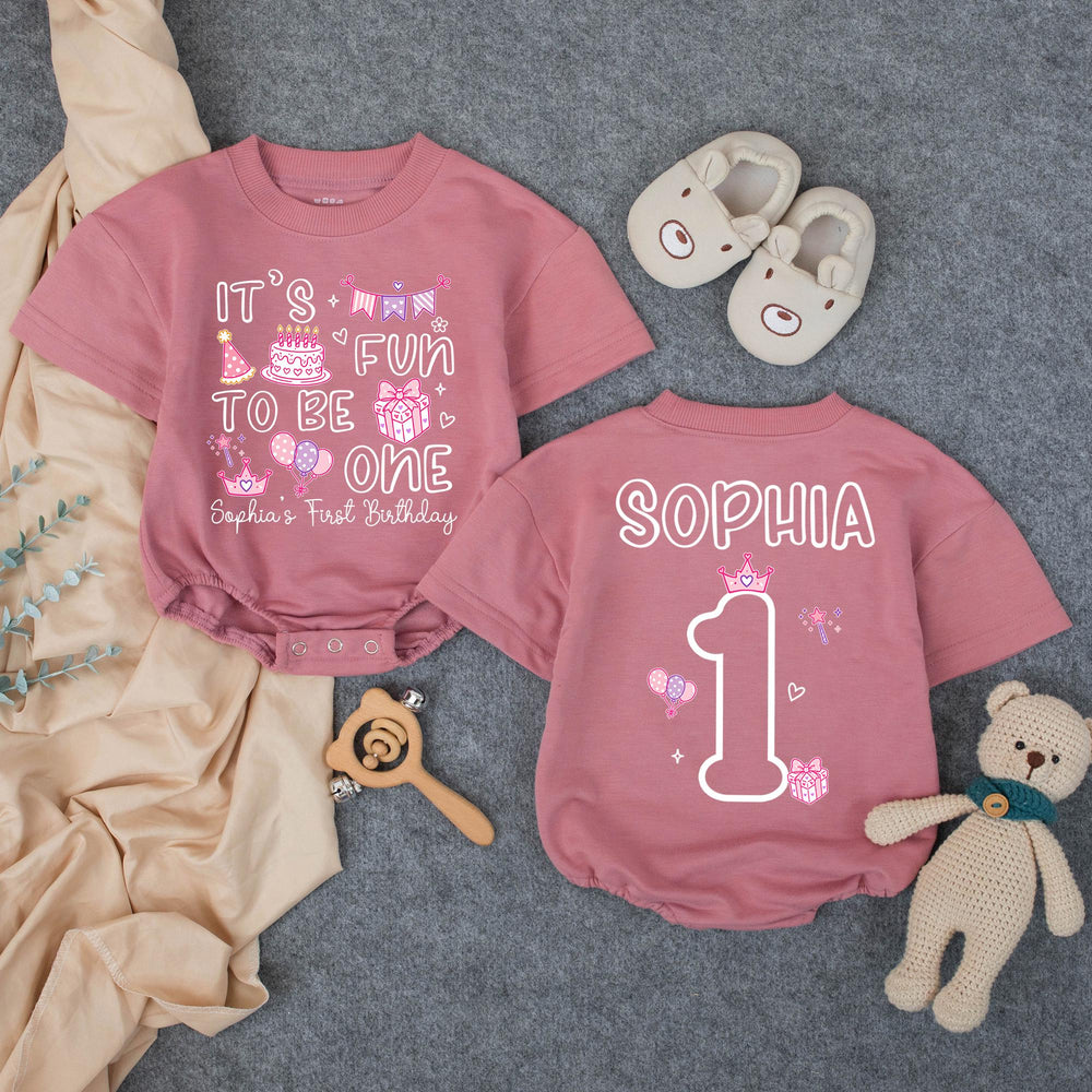 Personalized 1st Birthday Girl Matching Family Shirts Soft Cotton Bubble Romper It’s Fun to Be One Party Outfit Custom Name Gift