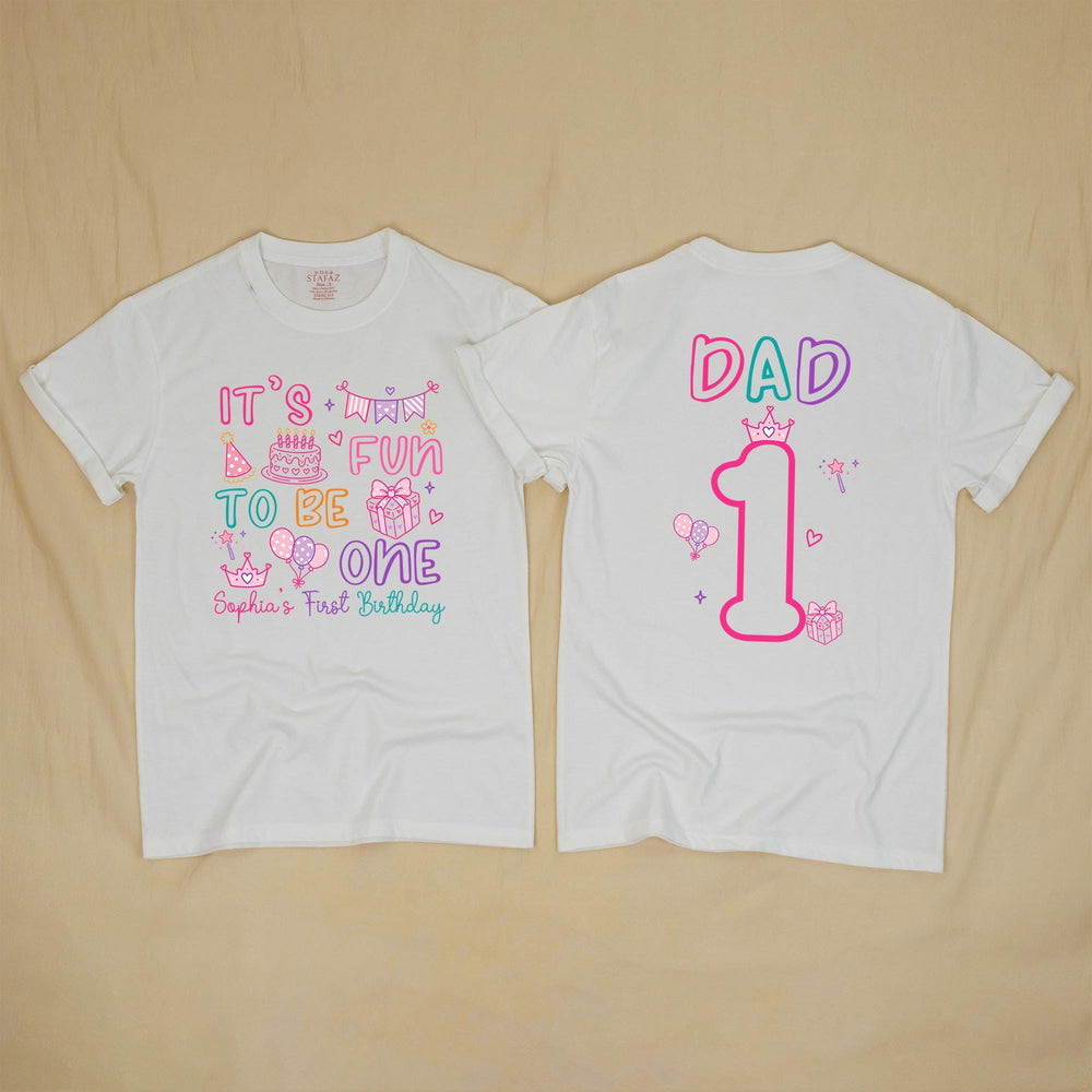 Personalized 1st Birthday Girl Matching Family Shirts Soft Cotton Bubble Romper It’s Fun to Be One Party Outfit Custom Name Gift