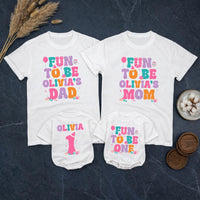 Personalized 1st Birthday Outfit Fun To Be One Bubble Romper and Family Matching Shirts for Baby Girl Party Celebration Custom Name Gift