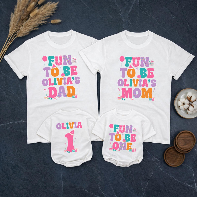 Personalized 1st Birthday Outfit Fun To Be One Bubble Romper and Family Matching Shirts for Baby Girl Party Celebration Custom Name Gift